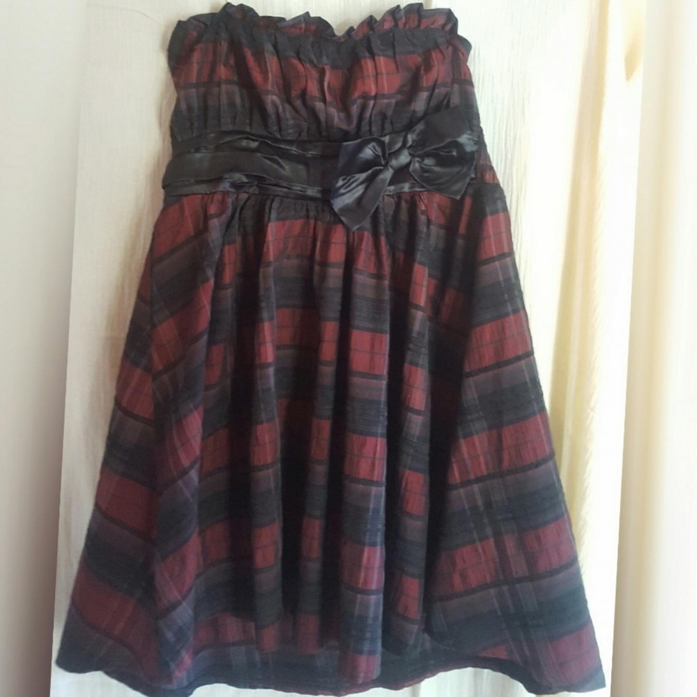 Burgundy Plaid Tube Top Mini Dress