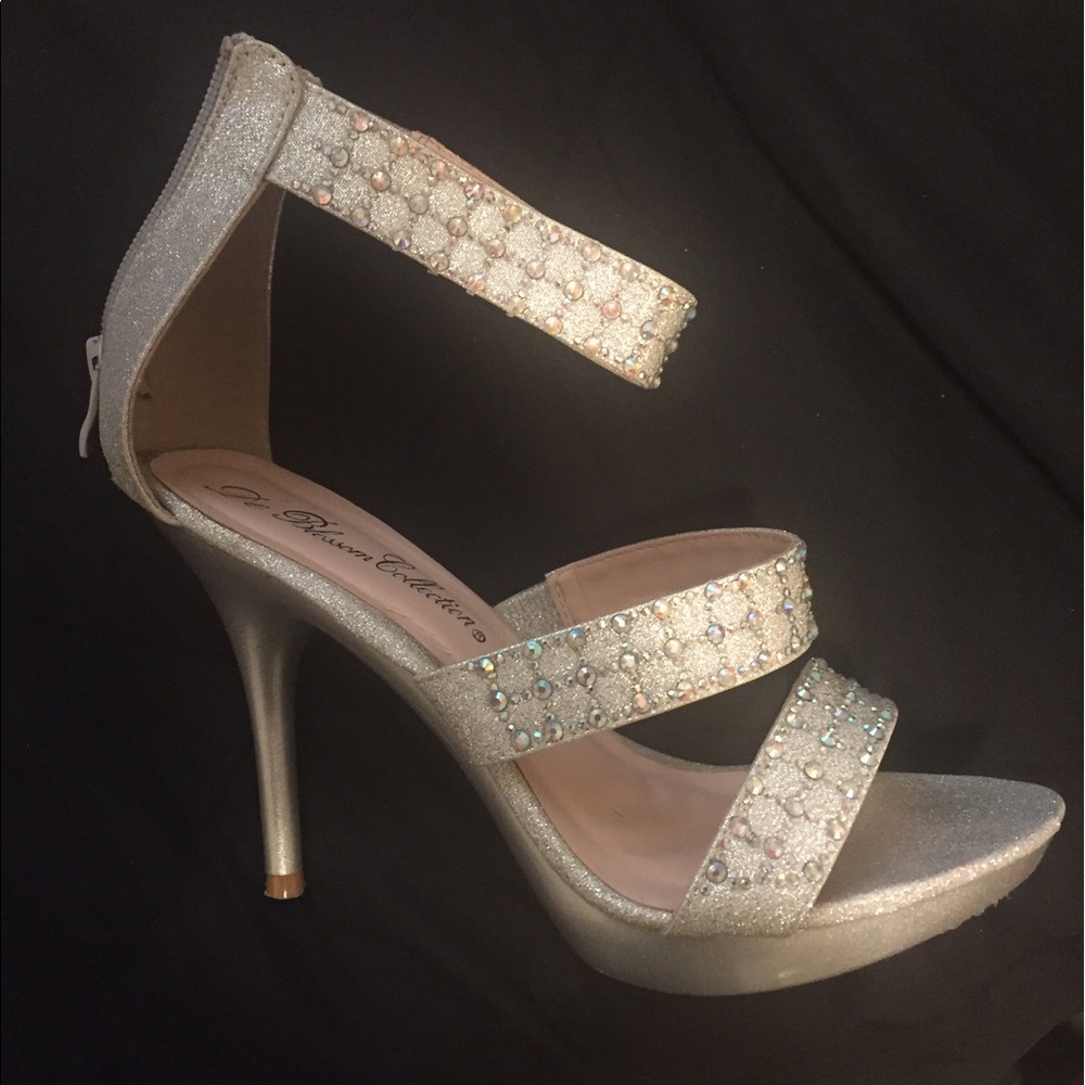 Silver heels with sequins.
