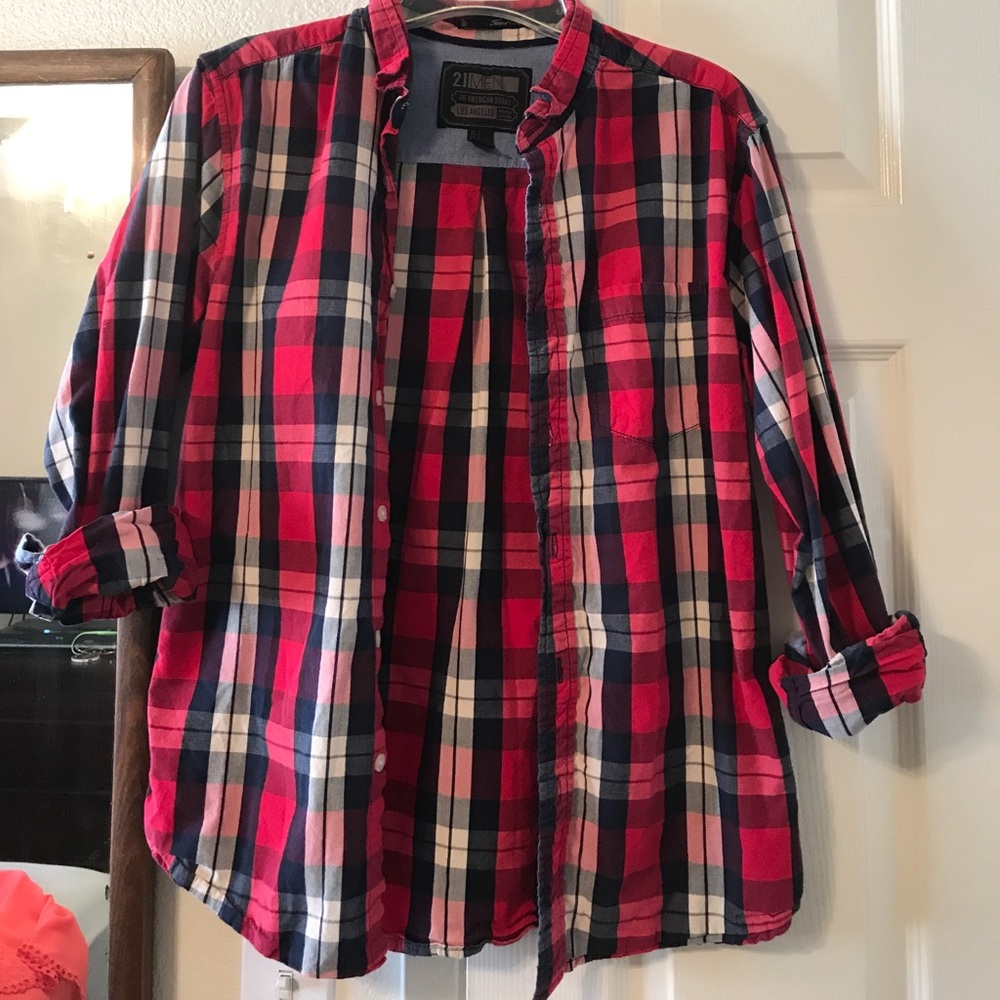 Red, white and blue plaid shirt - size medium