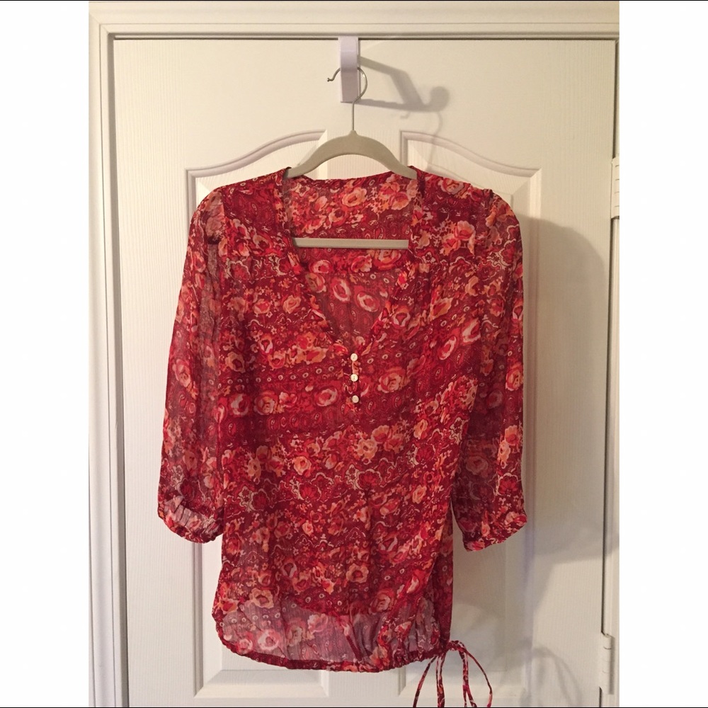 Lucky Brand 3/4 Sleeve Red Paisley Blouse