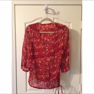 Lucky Brand 3/4 Sleeve Red Paisley Blouse