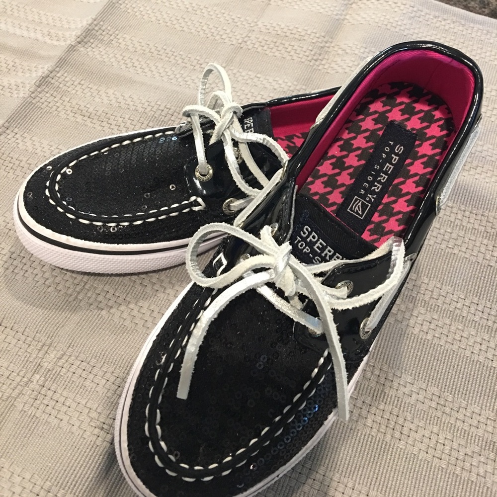 Black Sparkle Sperry Girls Boat Shoes