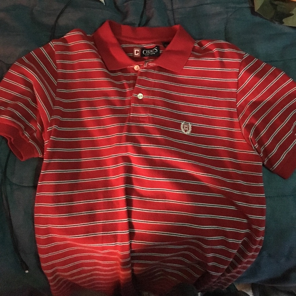 Chaps. Red/white/black striped polo. M