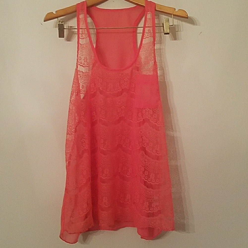 L coral racerback lace front, sheer back tank top