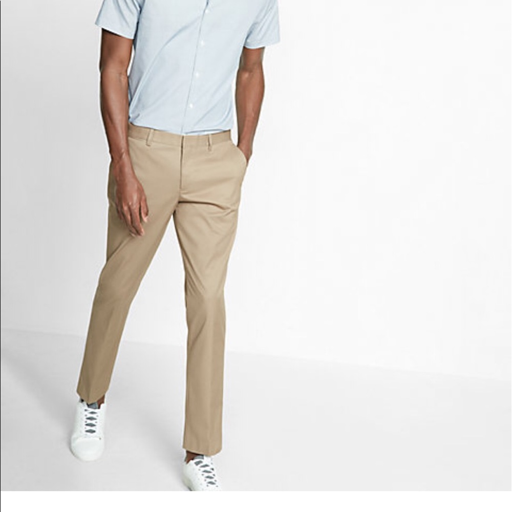 Men's khaki skinny fit dress pants.