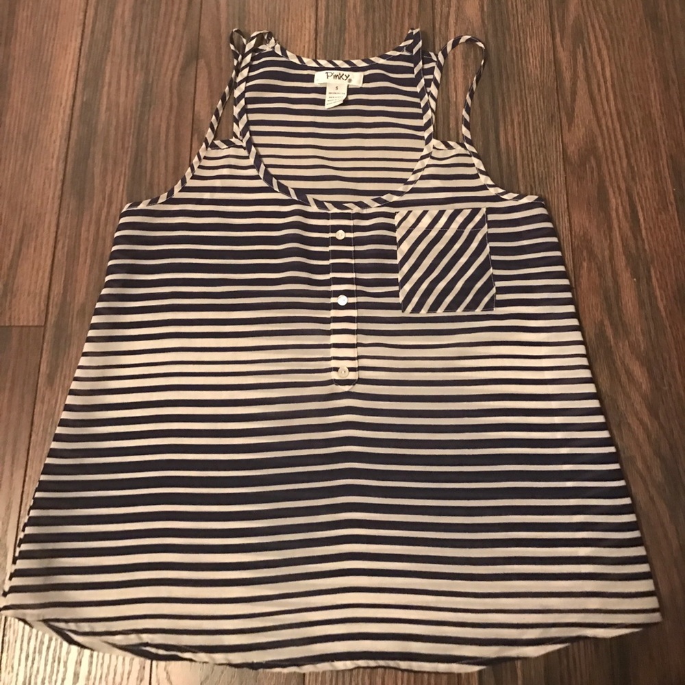 White and navy striped chiffon tank, size Small