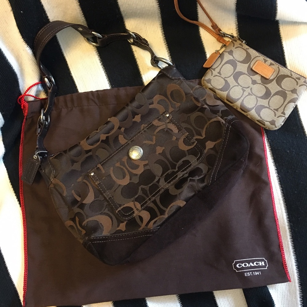 Brown Coach bag and tan Coach wristlet