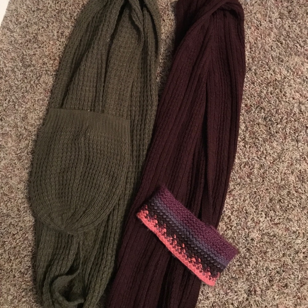 Two infinity scarves with matching hat/ear warmer