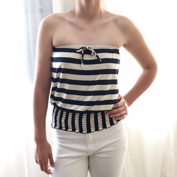 Striped Strapless Top with Elastic Smocked Waist - Picture 2 of 5