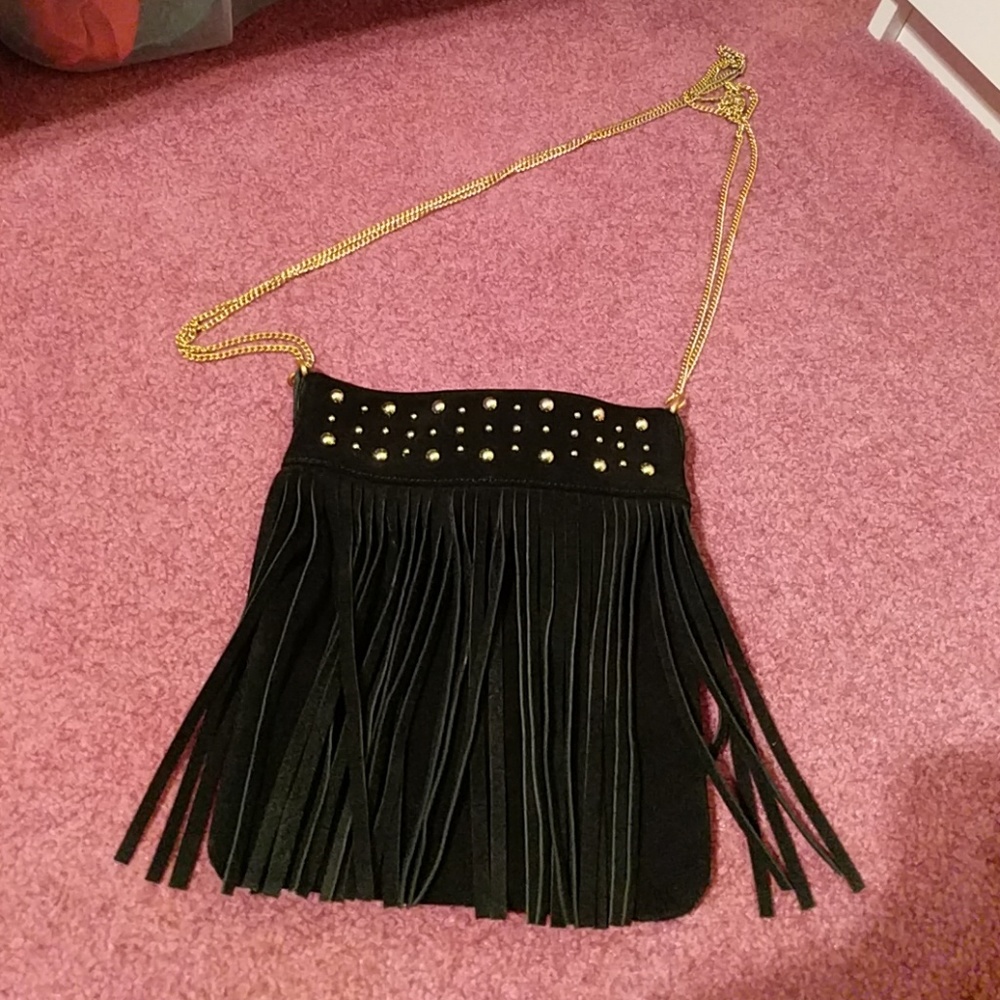 Lord & taylor suede black and gold Fringe cross body bag - Picture 2 of 5