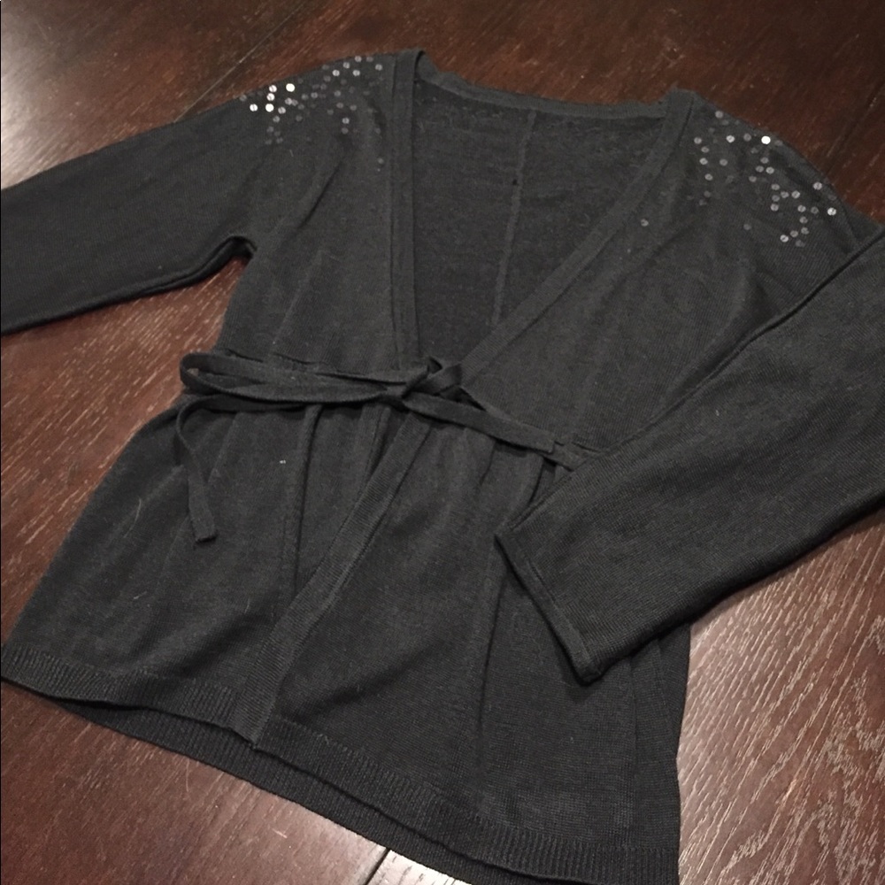 Black tie-front cardigan with sequin accents