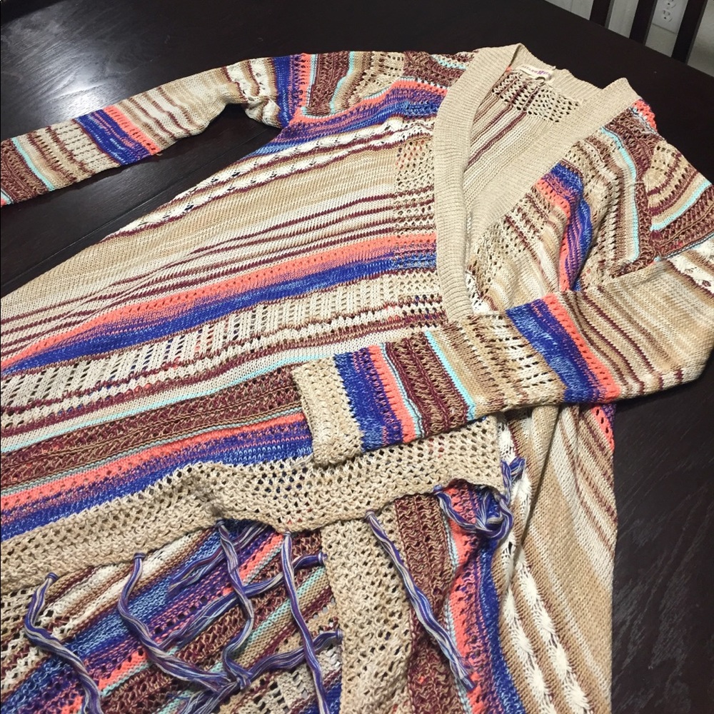 Multi-colored cardigan w/ fringe; Altar'd State
