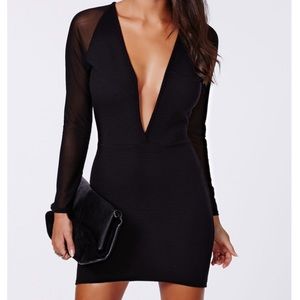 Mesh Sleeve Ribbed Plunge Dress