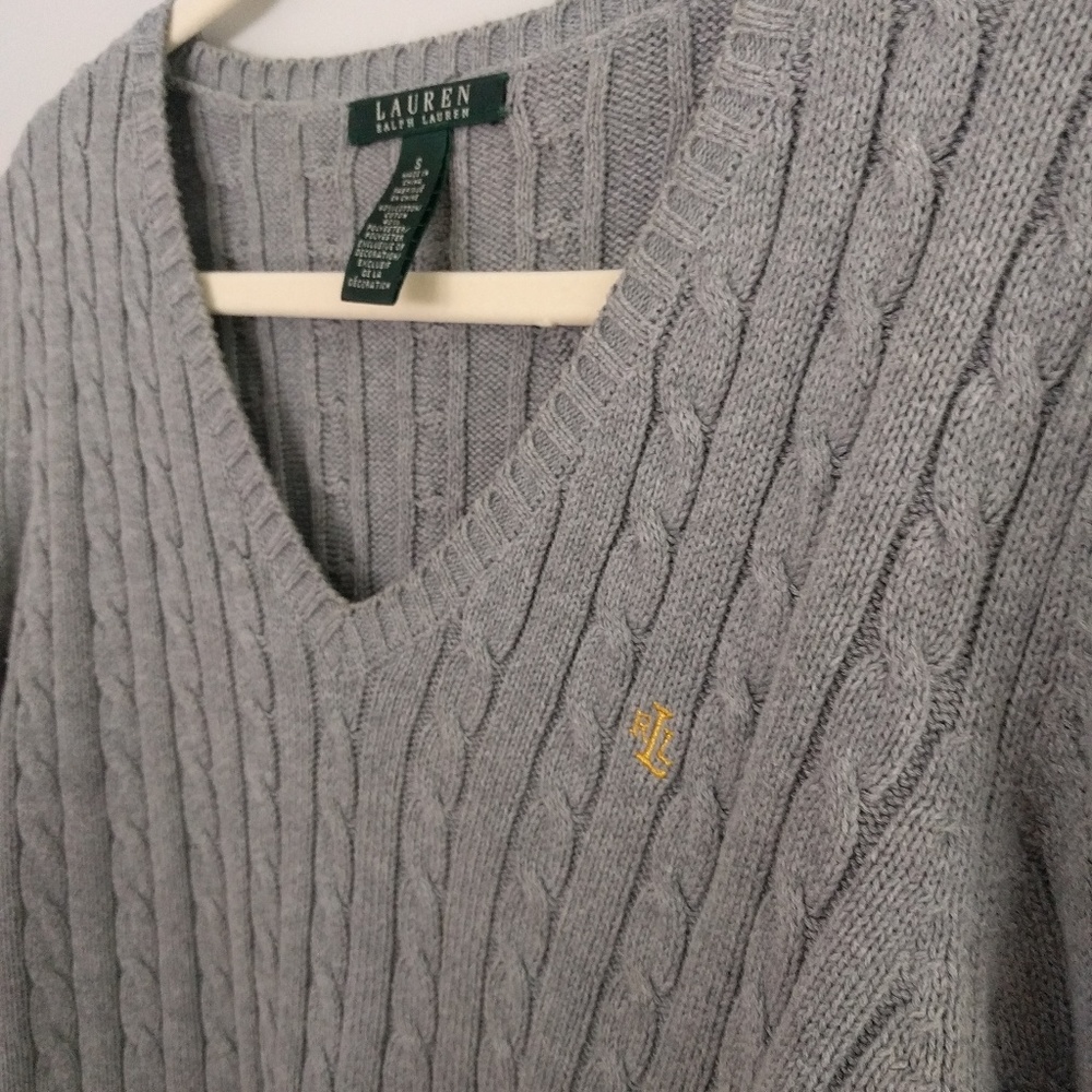 Grey Ralph Lauren V-Neck Cableknit Sweater