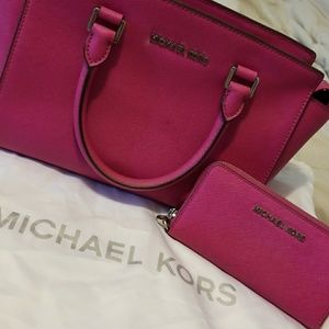 Michael Kors fuschia satchel and matching wallet
