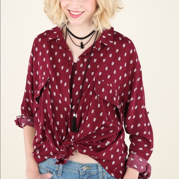 LOVE Tops - Burgundy arrow print long sleeve button down