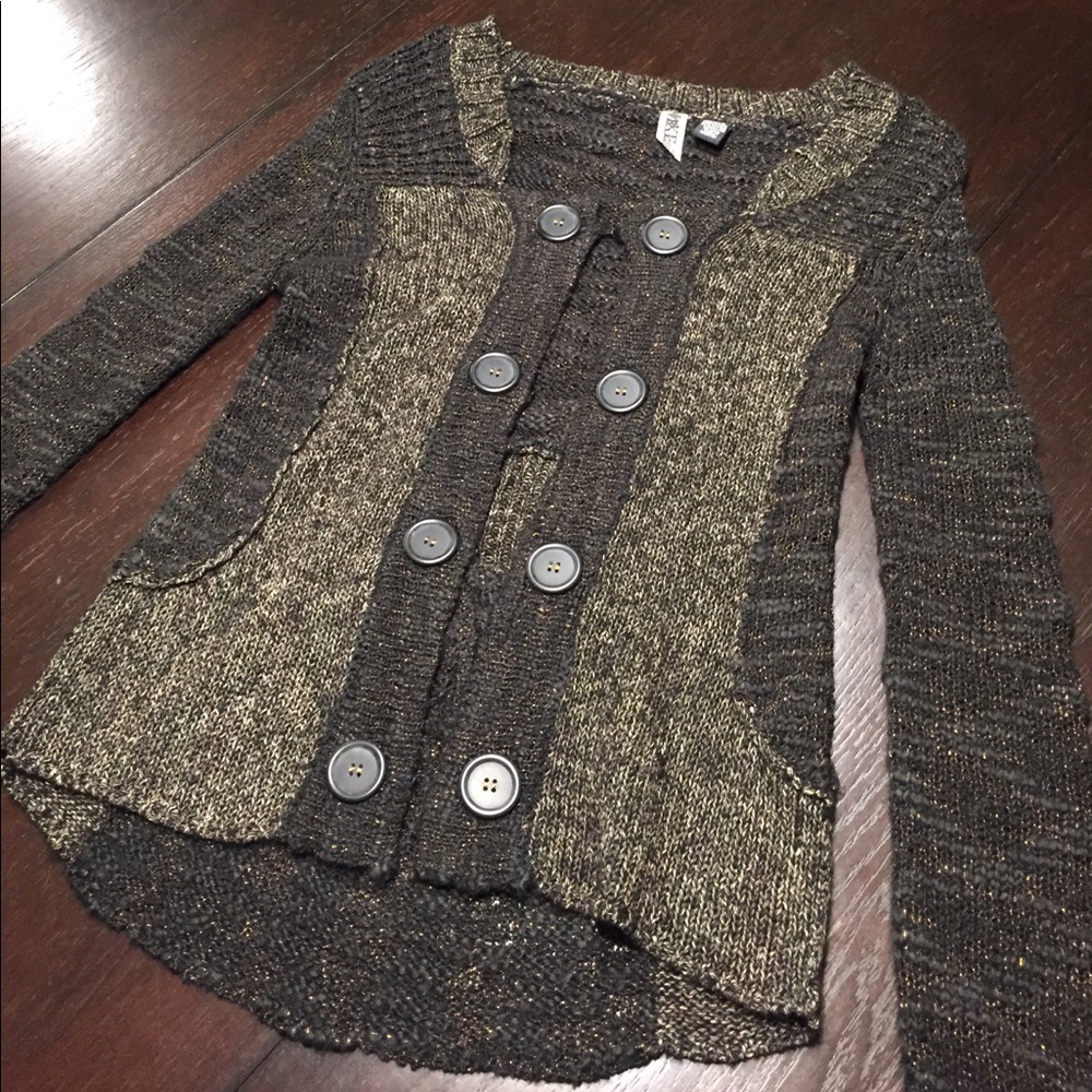 Dark gray knit cardigan with copper accents