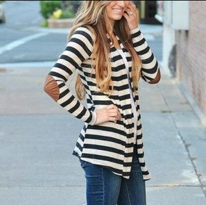 So Perla Charcoal Striped Elbow Patch Cardigan
