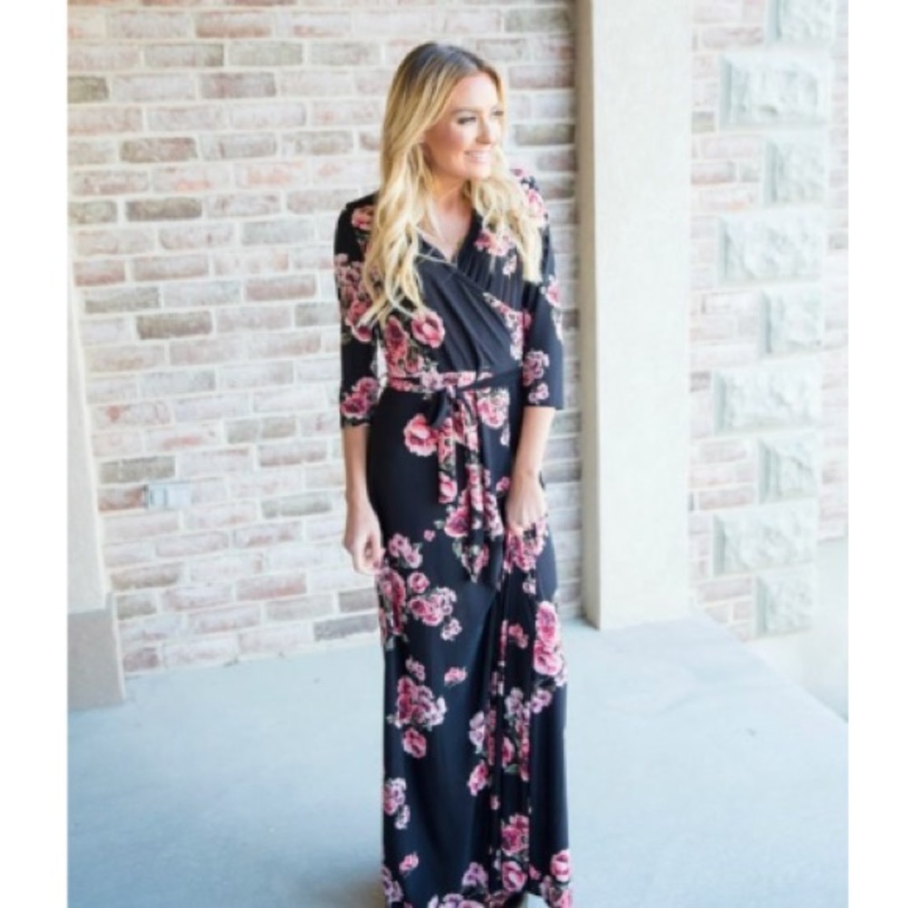 Black floral wrap dress Large