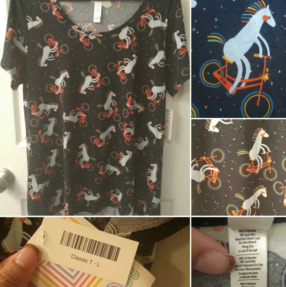 UNICORN!!! on a bicycle LuLaRoe Classic T Large
