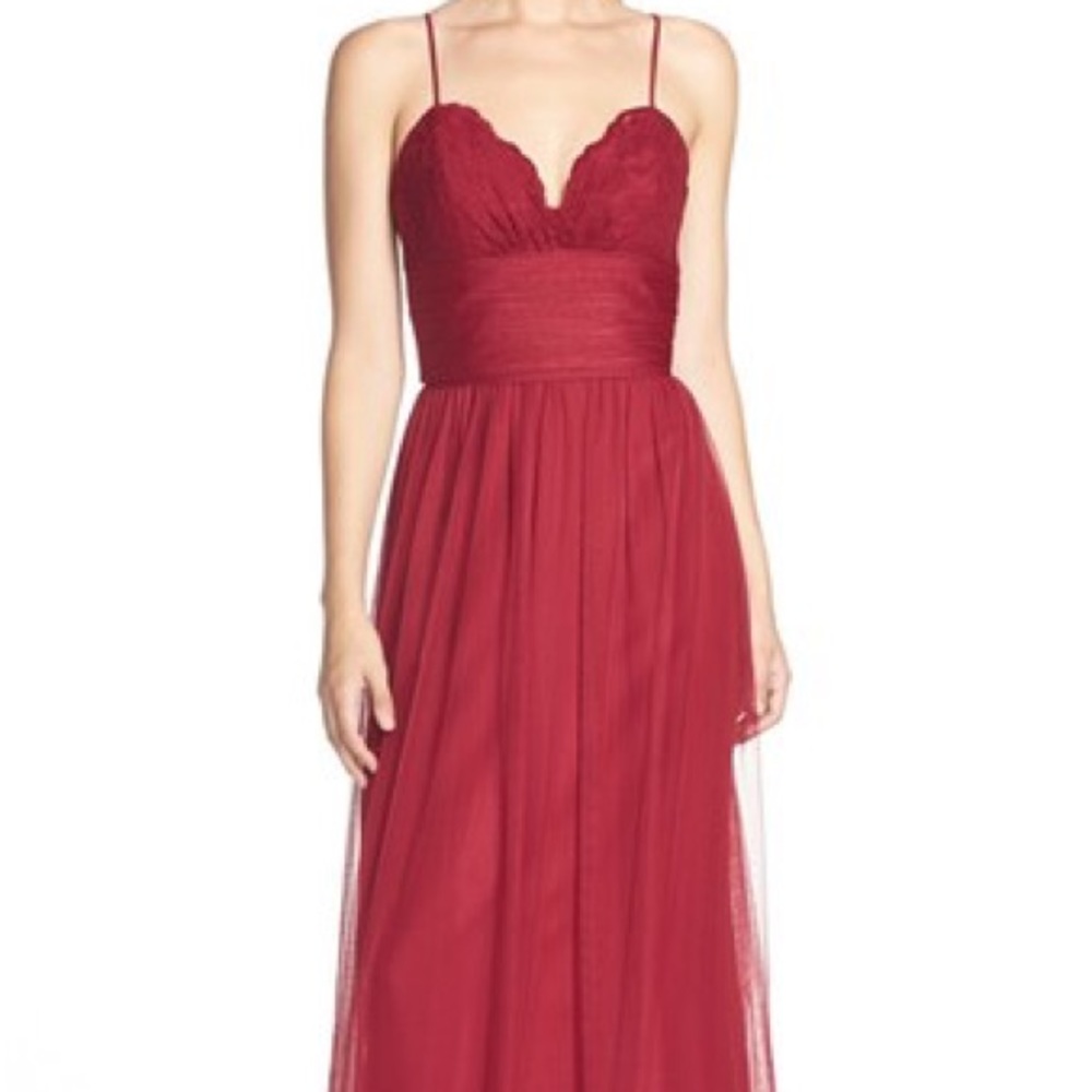 Amsale Lace and Tulle Spaghetti Strap Crimson Gown