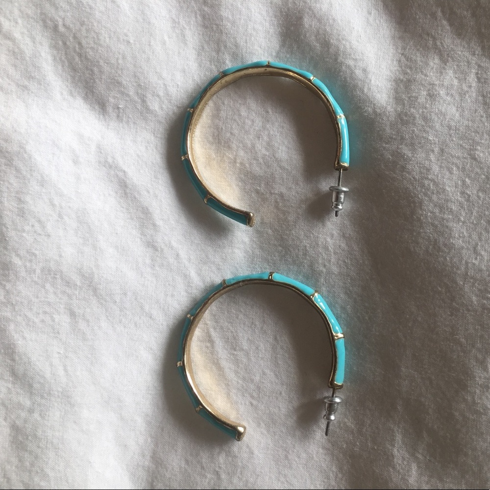 Blue and gold bamboo patterned hoop earrings