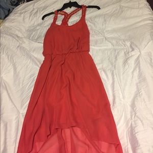 Apricot high low dress with gold detail