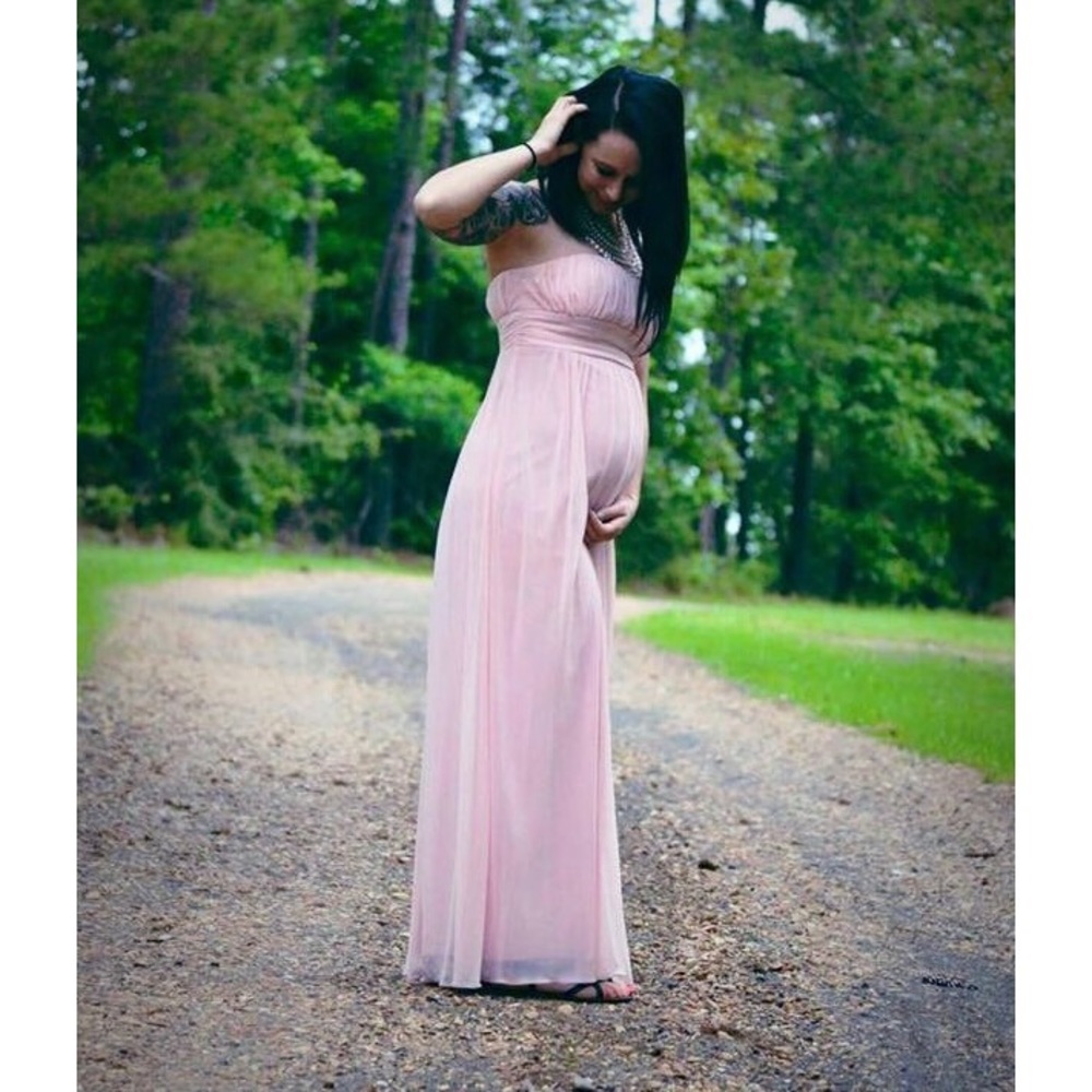 Pink bridesmaid prom dress with pearl details