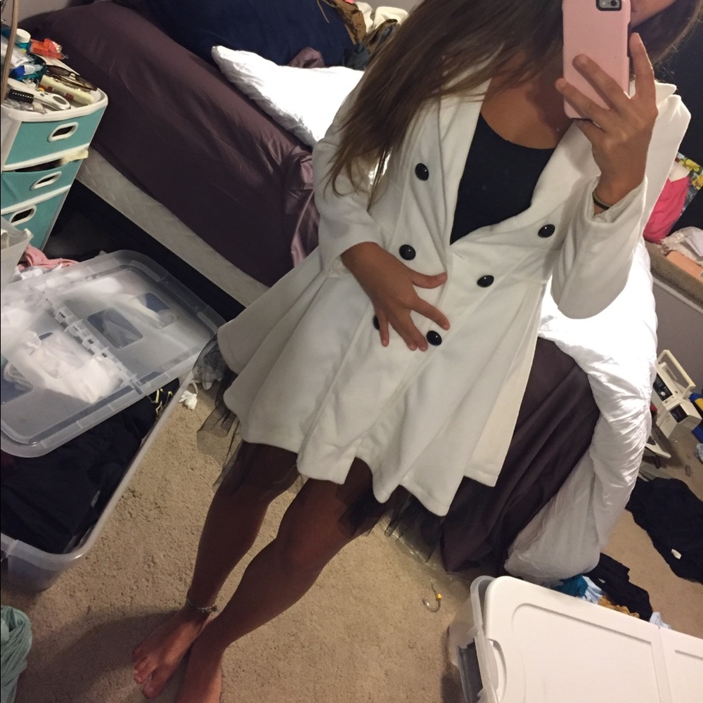 White pea coat with tulle hem detail