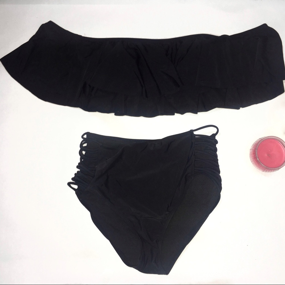 Two-piece off the shoulder black bikini swimsuit