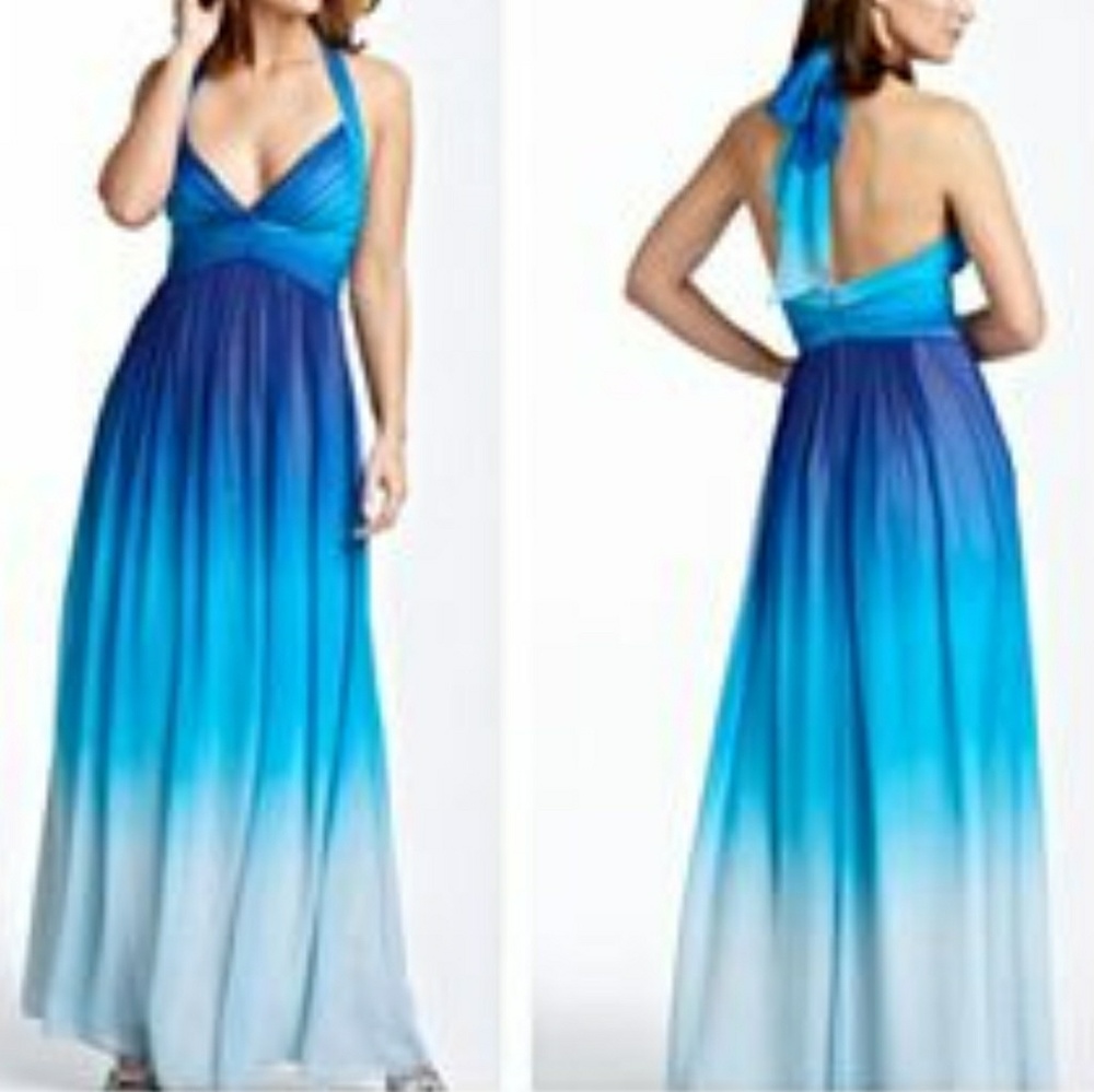 BCBGMAXAZRIA Blue Ombre Silk Chiffon Halter Gown