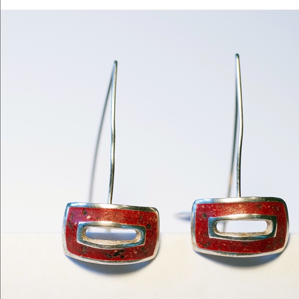 Sterling silver with red square design earrings