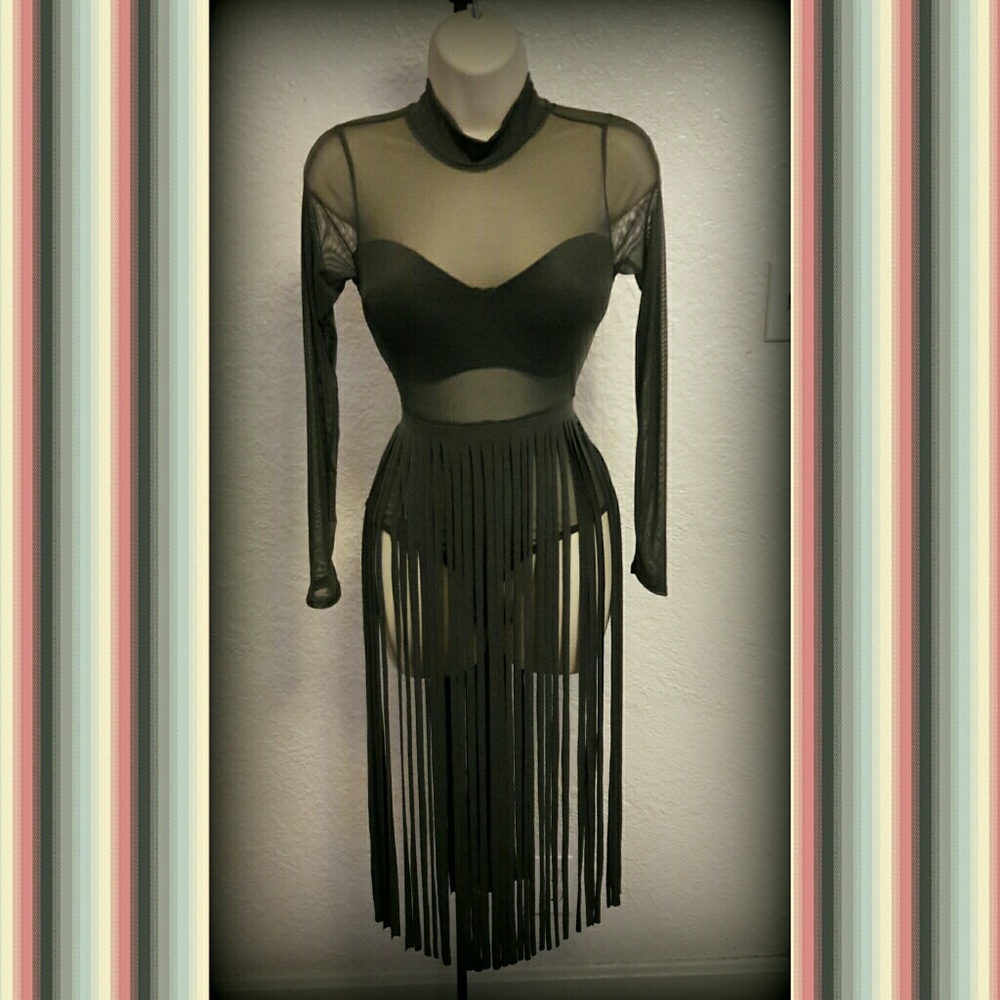 Olive Mesh Bodysuit with Fringes Detail