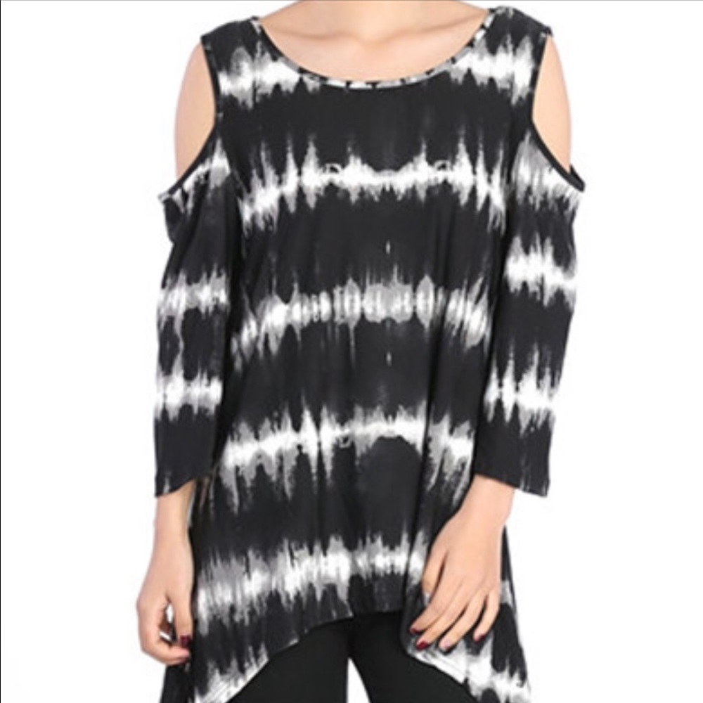 Blouse Dress Tie Dye Black-White Cold Shoulder