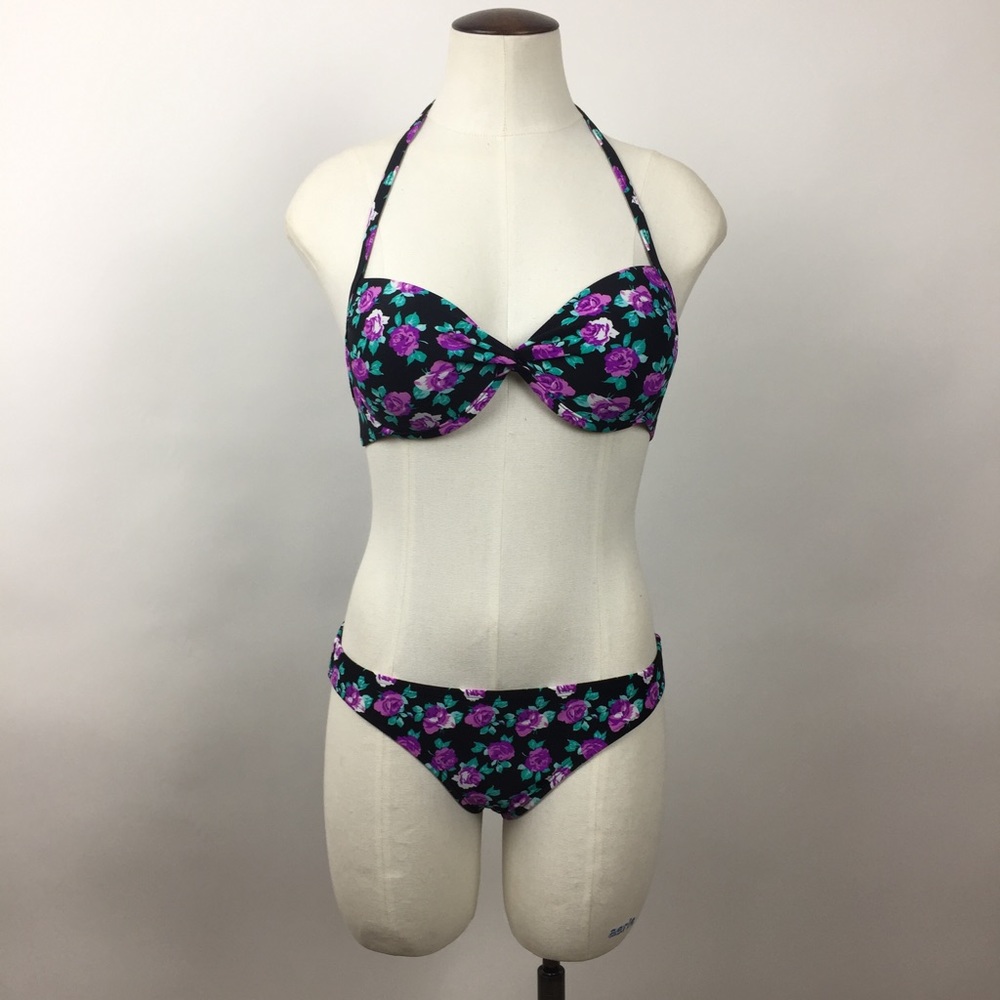 Purple, black, and teal floral bikini