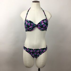 Purple, black, and teal floral bikini