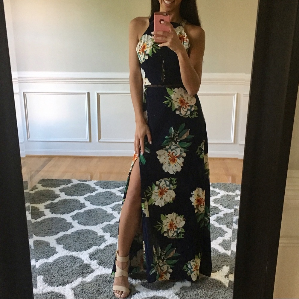 Floral print high split bow tie backless maxi