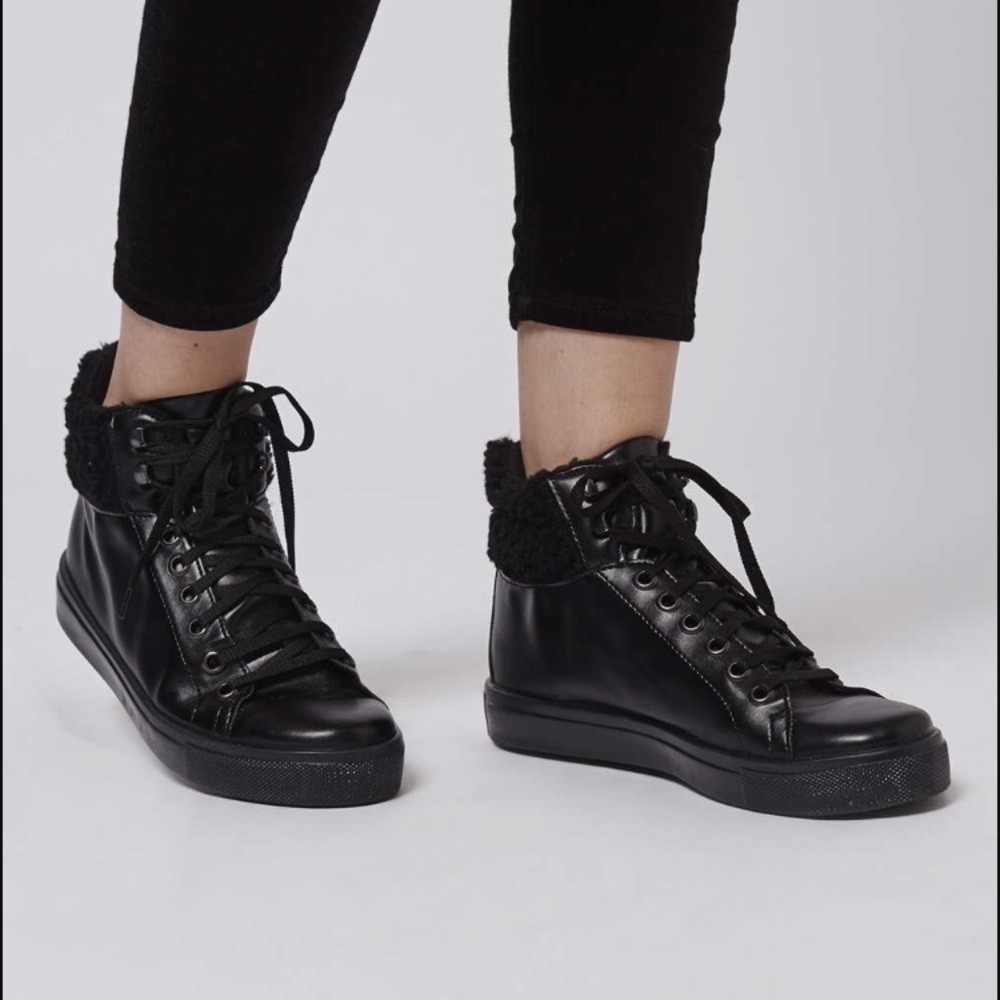 Top shop black kooper fur lace up trainers