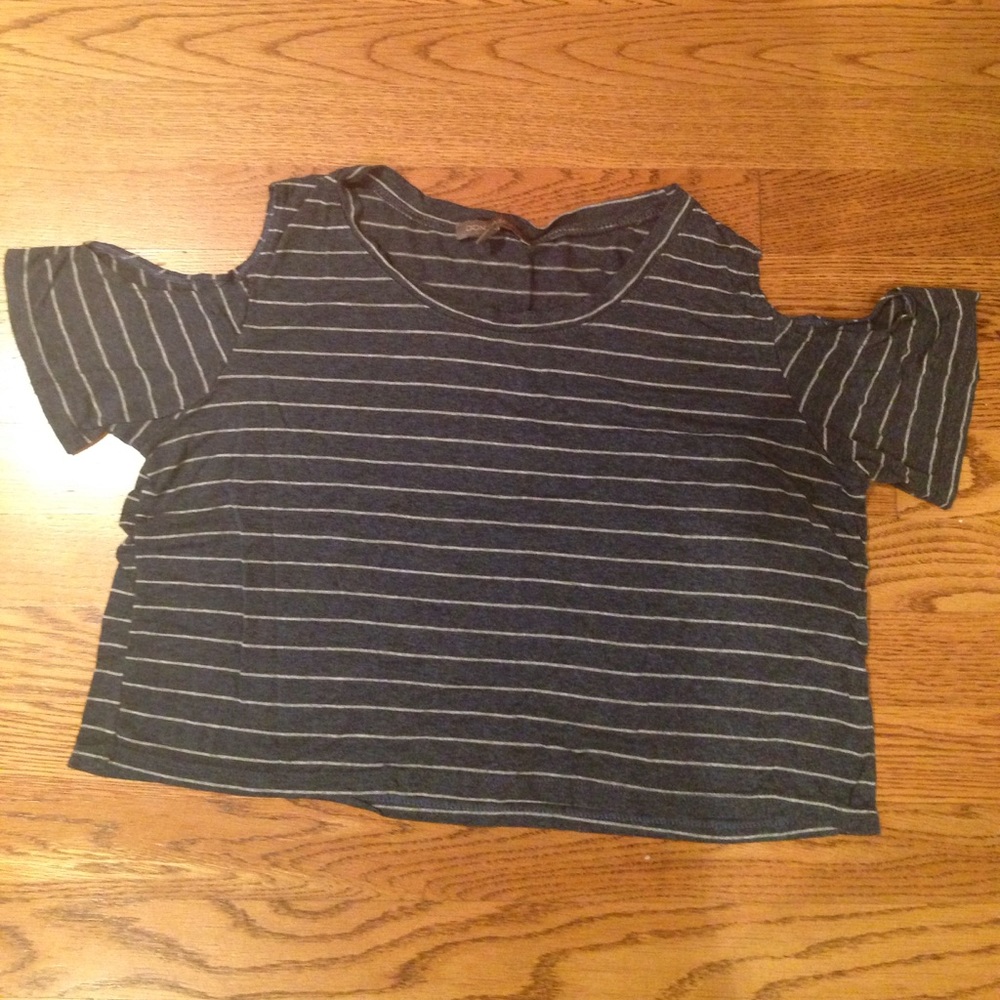 Cold shoulder blue and gray striped shirt