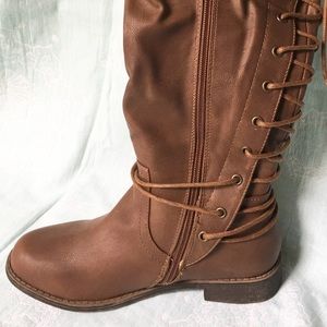 Cognac corset knee high boots