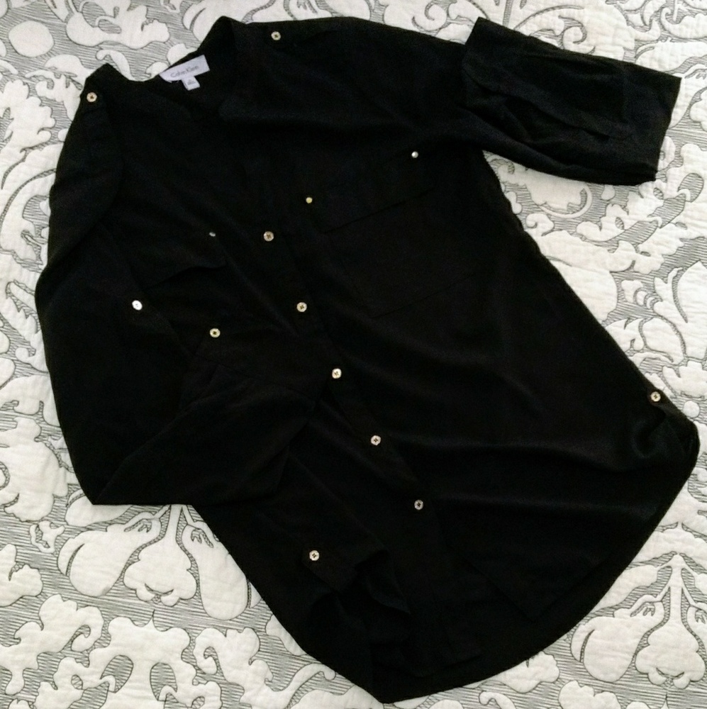 Calvin Klein 3/4 sleeve black gold button top EUC