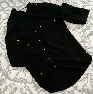 Calvin Klein 3/4 sleeve black gold button top EUC