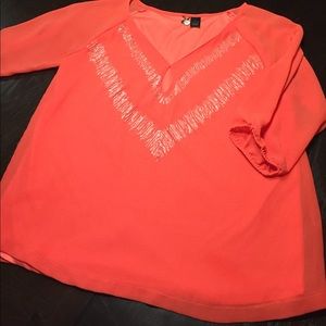 Coral 3/4 sleeve blouse with beaded accents