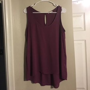 High/low plum tank with keyhole and pleat detail.