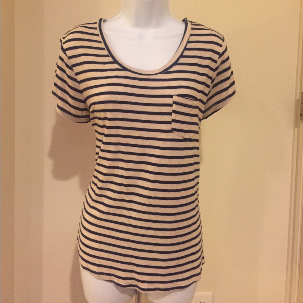 Women's short sleeve beige/navy blue striped shirt