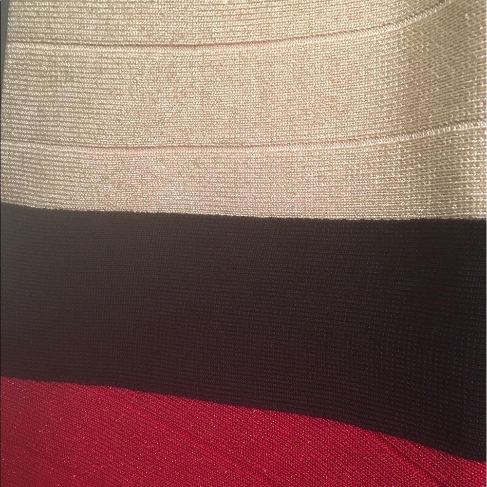bebe Red Black and Beige Strapless Bandage Dress