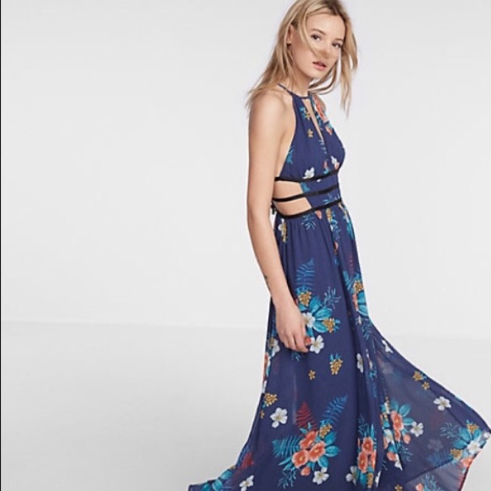 Floral Print Strappy Cut-Out Plunge Maxi Dress