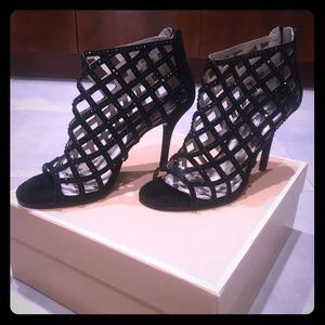 Michael kors black crystal & suede peep toe heels