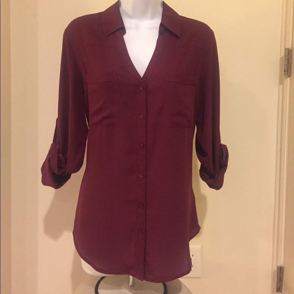 New, women's maroon button down shirt from Express