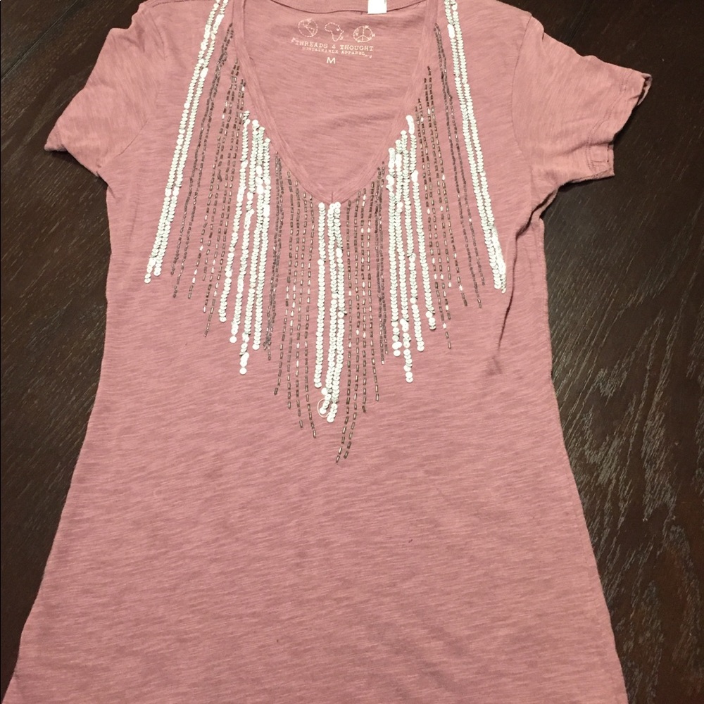 Purple v-neck t-shirt with sequin and bead accents